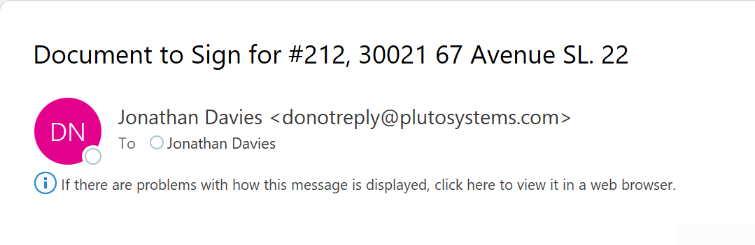 Sign Now button displayed in the Document to Sign email, showing the blue clickable button with white text on a light email background